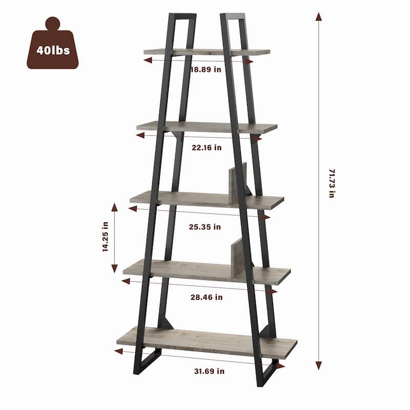 Bookshelf 5 Tier Industrial Wood, Tall Open Rustic Etagere Bookcase