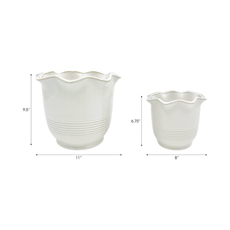 Ceramic Planter Ruffle Edge Home Garden Use (Set of 2) - 10", 7" Ivory - 11" x 11" x 9.5"