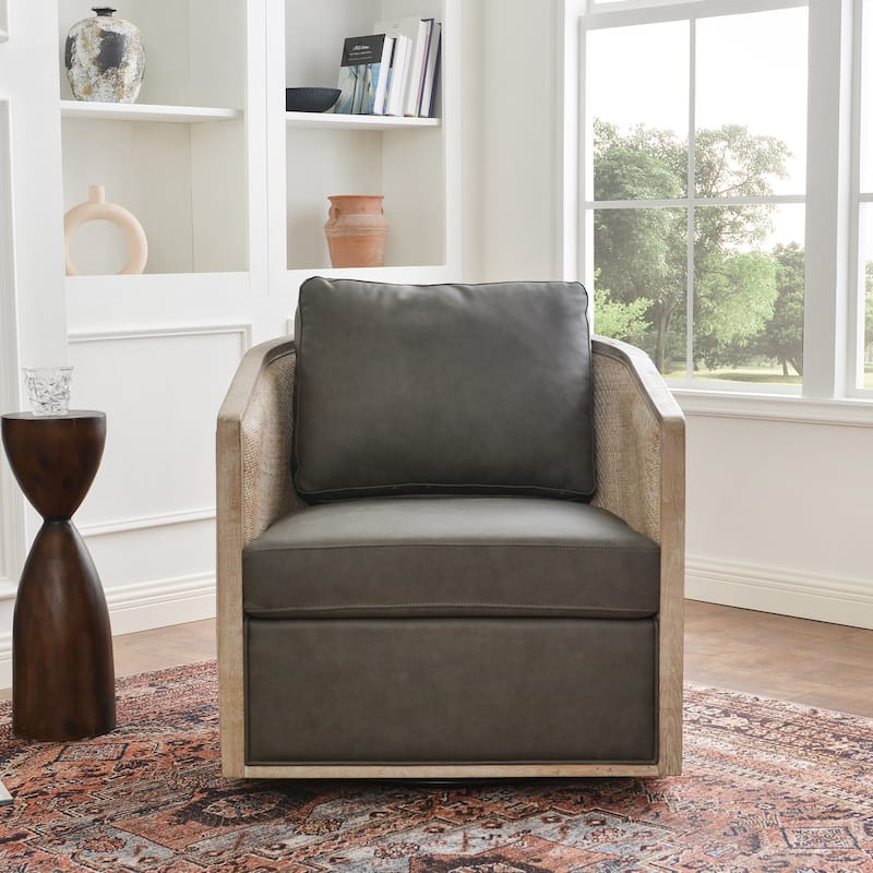 KINWELL 31"W Oak Frame Upholstered Swivel Barrel Armchair