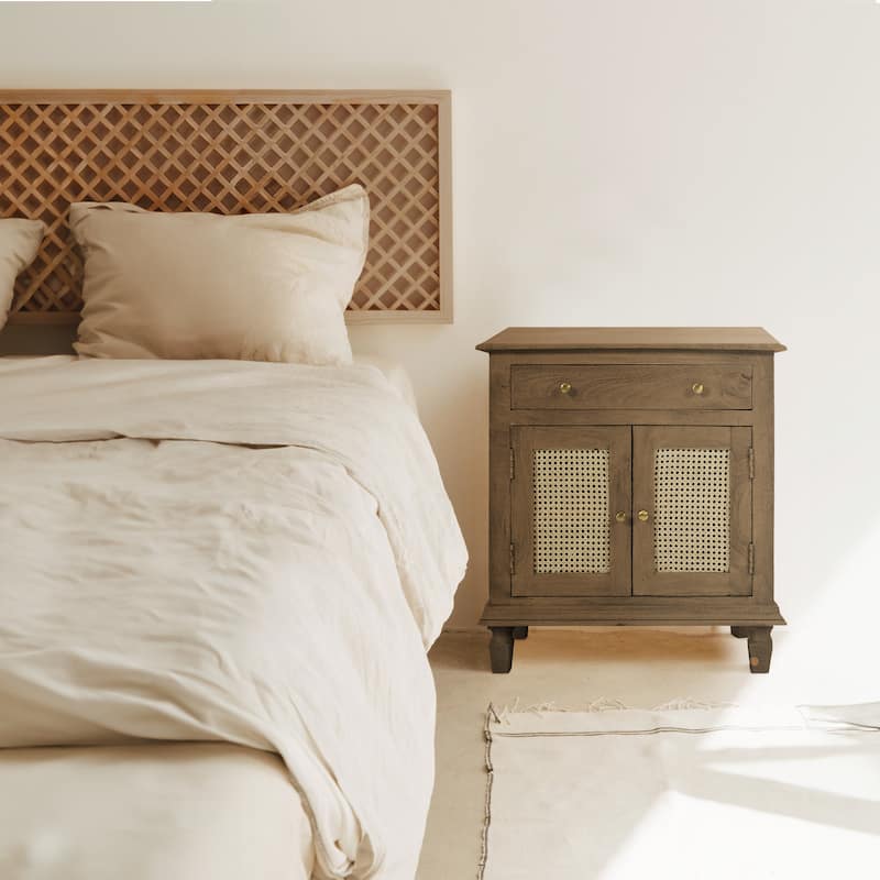 30 Inch Nightstand Table, Rattan Cabinet Doors and Drawer Fronts, Sandblasted Brown Mango Wood