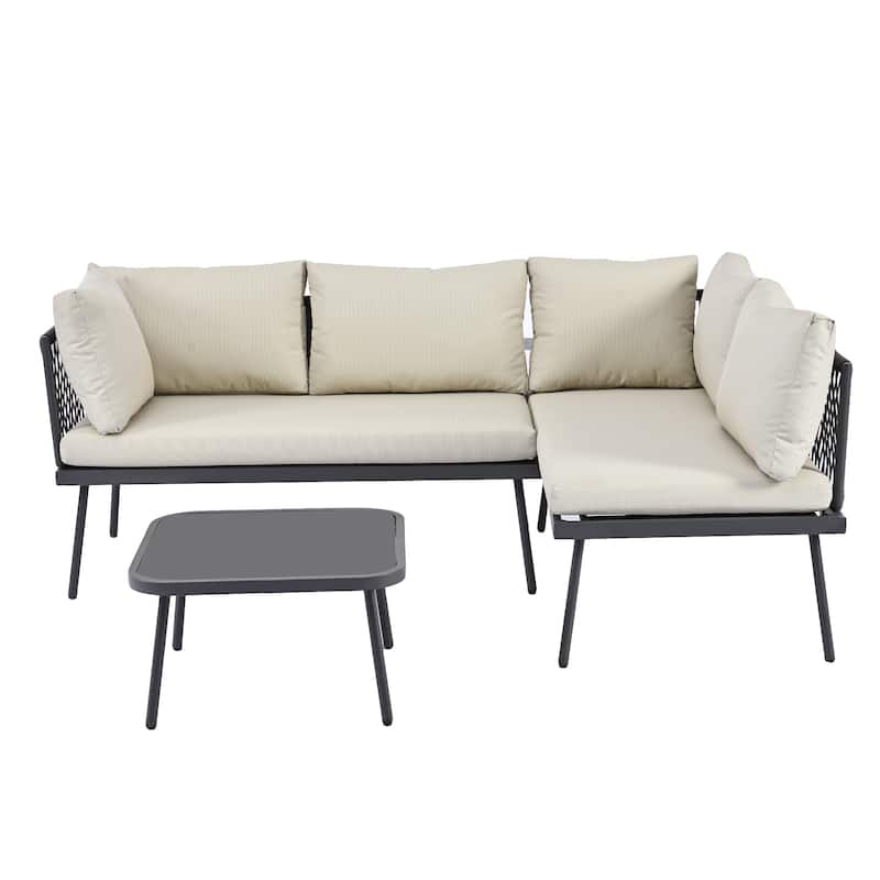 Modern Outdoor 3-Piece PE Rattan Sectional Sofa Set with Cushions and Glass Table