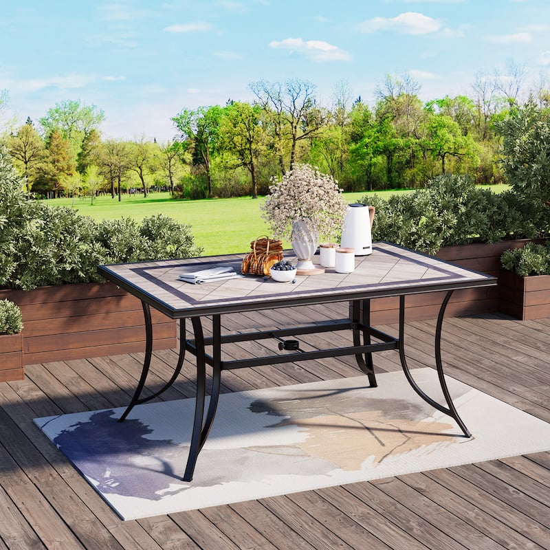 70" Patio Rectangular Cast Aluminum Dining Table with Umbrella Hole & Tile Tabletop