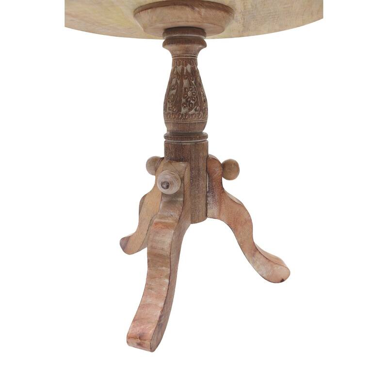 Intricately Carved Round Top Mango Wood Side End Table with Pedestal Base, Brown and White - 18 H x18 W x18 L