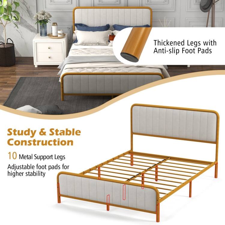 Upholstered Gold Platform Bed Frame with Velvet Headboard