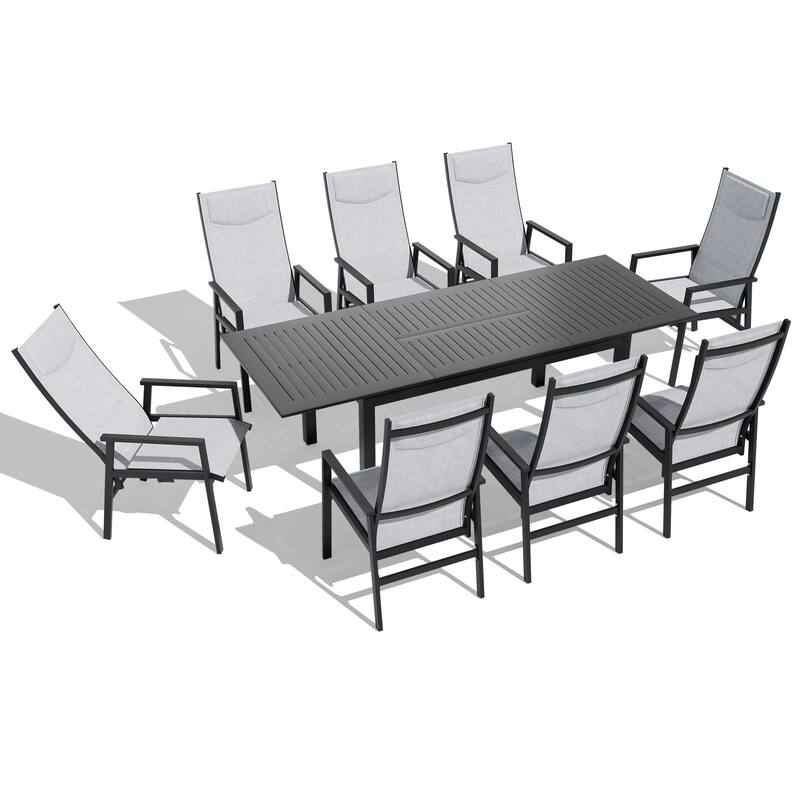 9-PC Outdoor Patio Aluminum Dining Sets Rectangular Table Expandable with Adjustable High Back Dining Chairs - Table-Black&Chairs-LightGrey