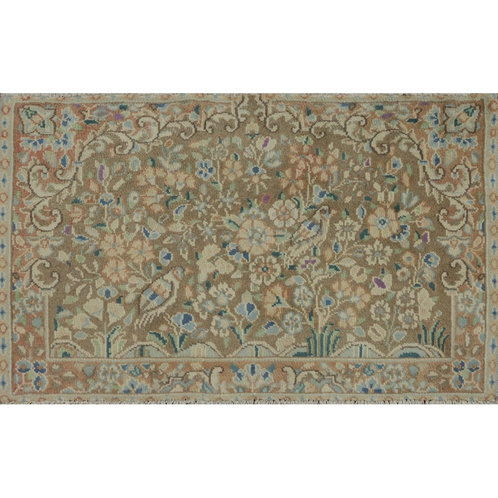Hand Knotted Oriental 100% Wool Carpet Traditional Floral Brown Kerman Area Rug - 2' 10'' X 1' 9''