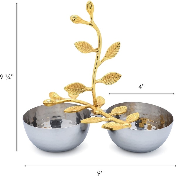 Cheer Collection Shiny Polished Stainless Steel Two Sectional Serving Bowl with Gold Leaf Handle
