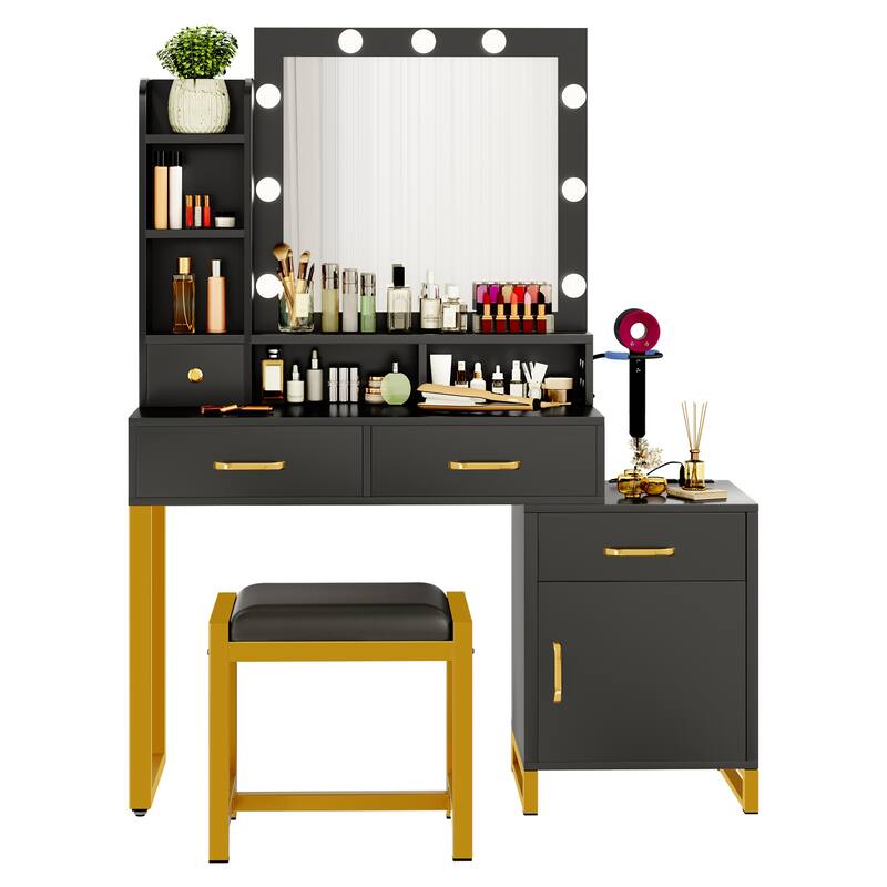 42.1" Mirror Makeup Vanity Table with Stool and Mirror Bulbs - 42.1''L x 15.3''W x 53.9''H - Black