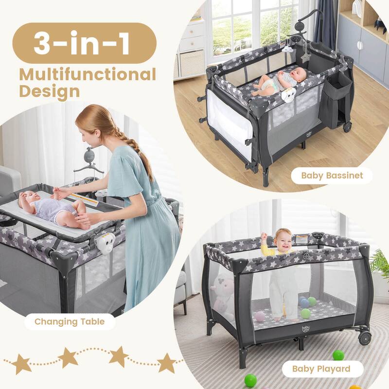 Costway Portable Baby Playard Nursery Center Crib with Hanging Toys & - See Details