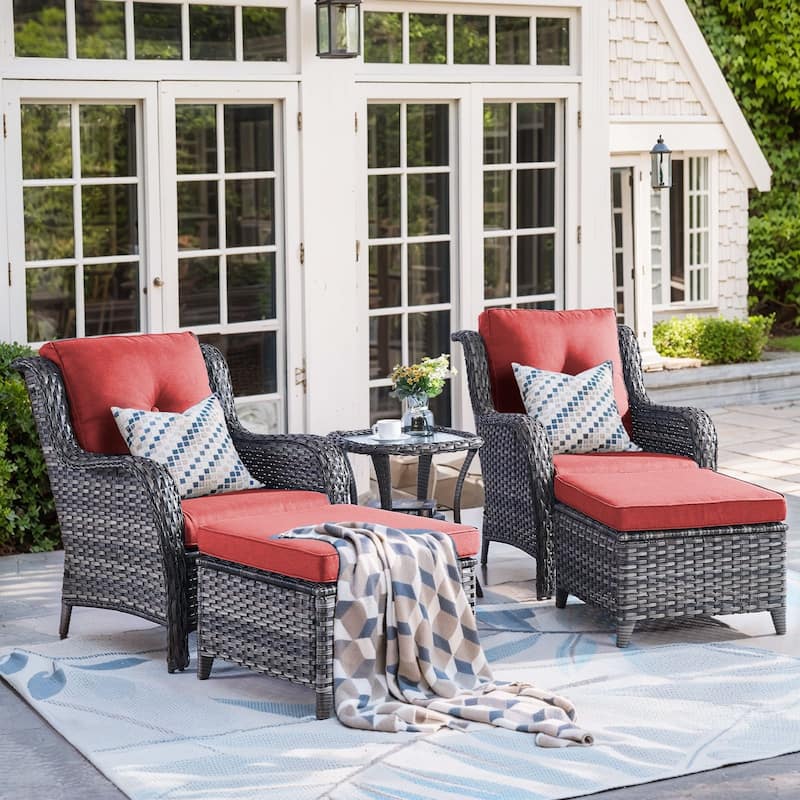 Pocassy 5 Pieces Outdoor Patio Chairs Ottoman Table with Cushion - Red cushion - Gray Wicker