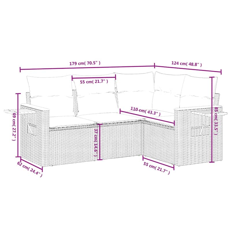 vidaXL Patio Sofa Set with Cushions Outdoor Conversation Furniture Poly Rattan - 24.4 x 33.5 x 27.2 in