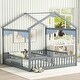 preview thumbnail 7 of 16, Double Twin House-Style Floor Bed with Fence,Guardrails,without door,for bedroom Grey