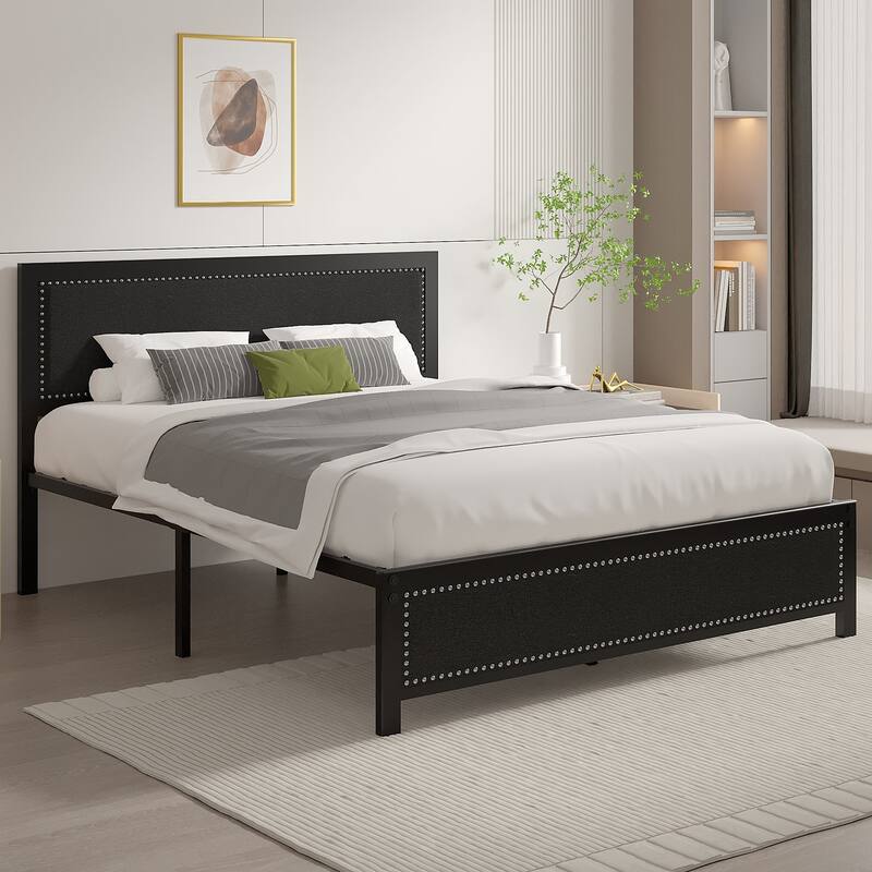 Metal Bed Frame with Linen Upholstered Nailhead Headboard, Platform Bed with 12.6" Under Bed Storage, No Box Spring Needed