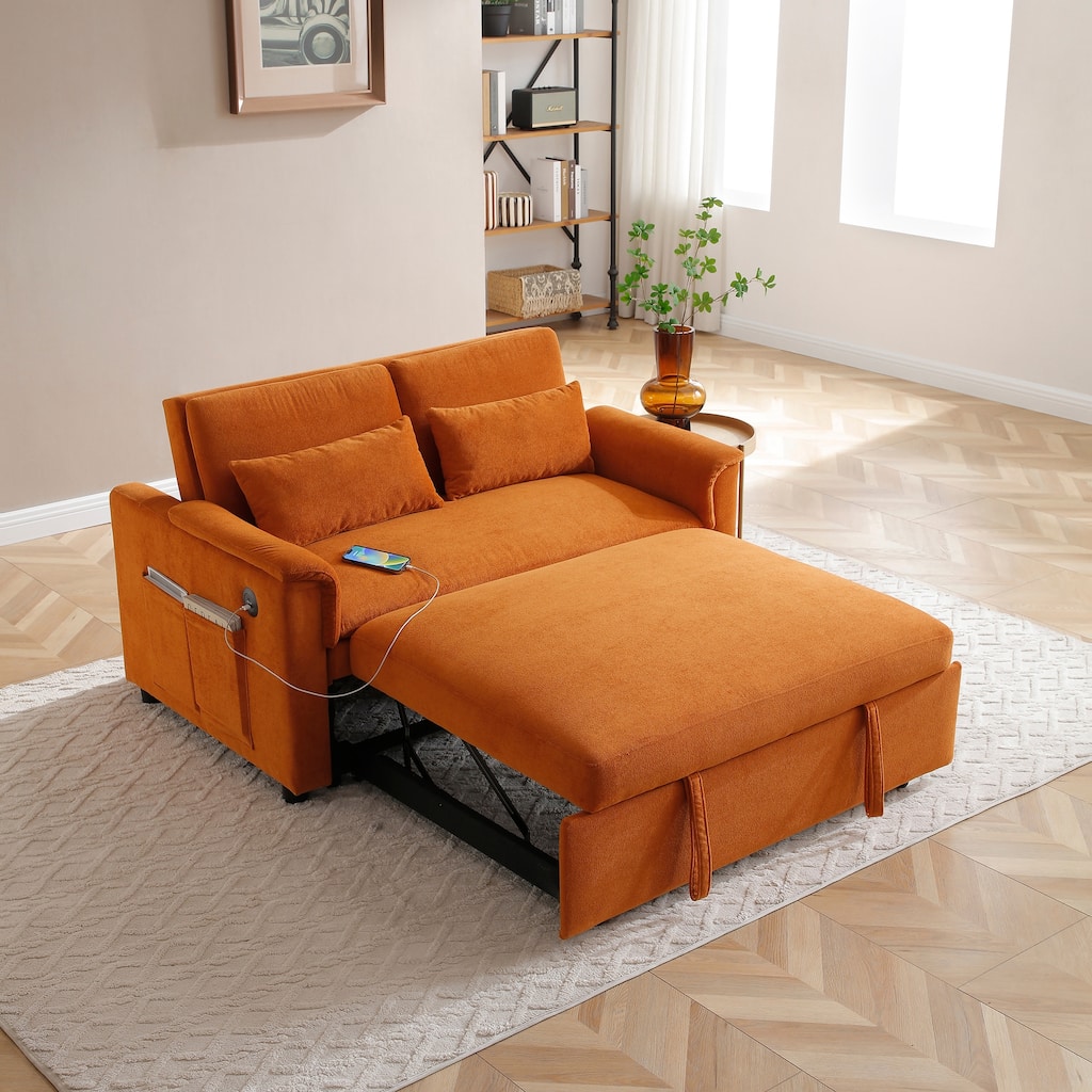 55" Orange Velvet 3 in 1 Convertible Sofa Bed with Adjustable Backrest and USB Ports