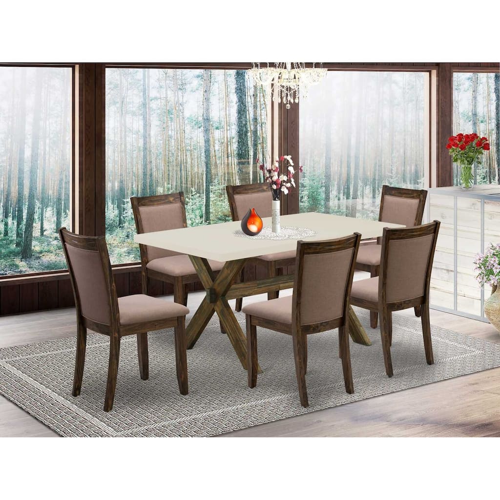 HomeStock 7-Piece Distressed Jacobean Finish Solid Wood Top Dining Table with 6 Parson-Chairs