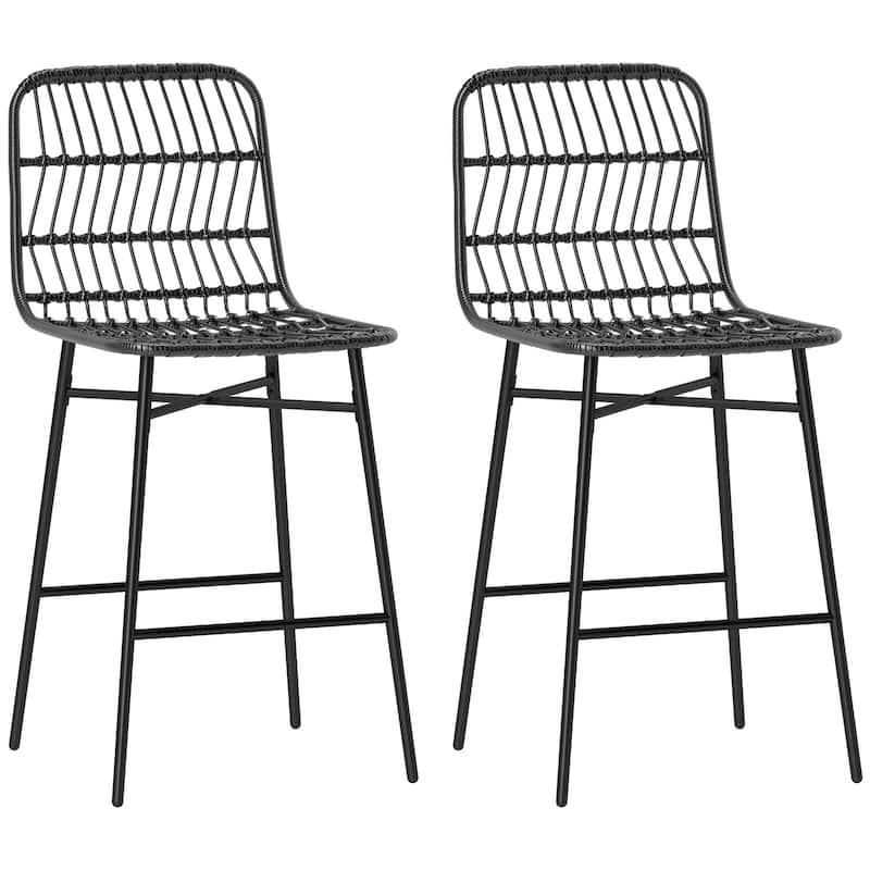 HOMCOM Rattan Counter Height Bar Stools Set of 2, 26" Wicker Barstools with Back, Modern Bar Chairs for Kitchen Island, Black