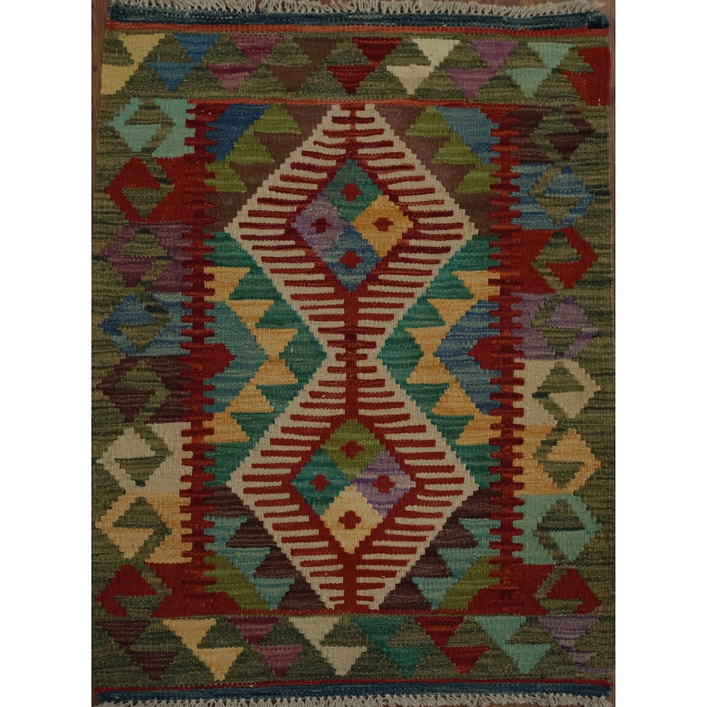Hand Woven Oriental 100% Wool Carpet Southwestern Geometric Multi-Colored Kilim Area Rug - 2' 11'' X 2' 2''