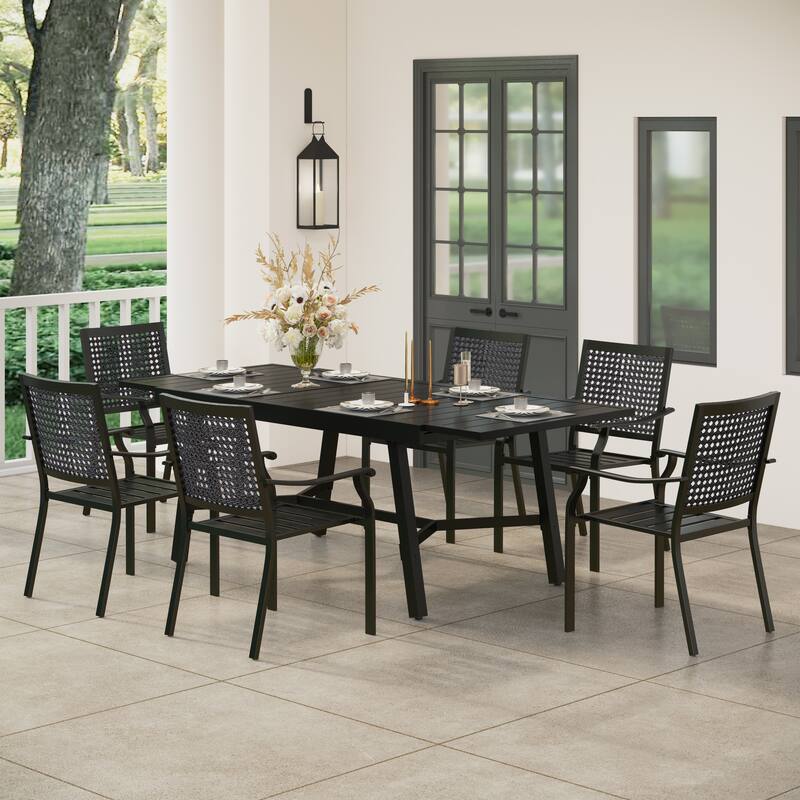 7/9-Piece Patio E-coating Dining Set of 6/8 Stackable Chairs & 1 Extendable Metal Table - 7-pieces