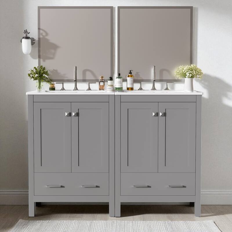48'' Bathroom Vanity with Ceramic Sink, 4 Soft-Close Doors, 2 Drawers, Adjustable Shelf, Solid Wood Frame & Storage Cabinet - Grey