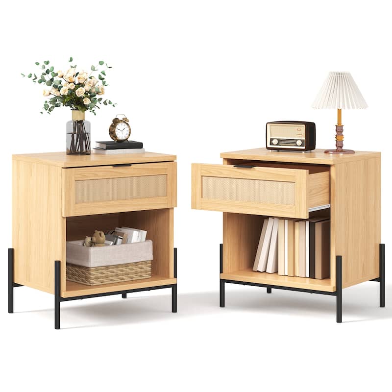 EROMMY Rattan Nightstand Set of 2, Boho Bedside Tables with Drawer and Open Shelf, 19.7" Wide End Tables for Bedroom
