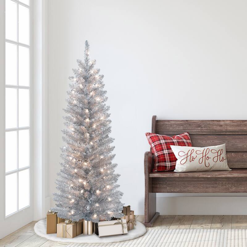 Puleo International 4.5 ft. Pre-Lit Silver Tinsel Artificial Tree