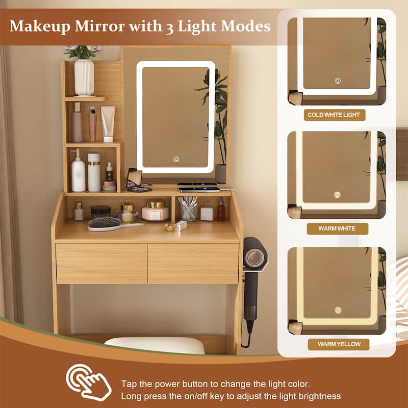 Vanity Table with LED-Illuminated Mirror, Power Outlet, Hairdryer Holder & Stool