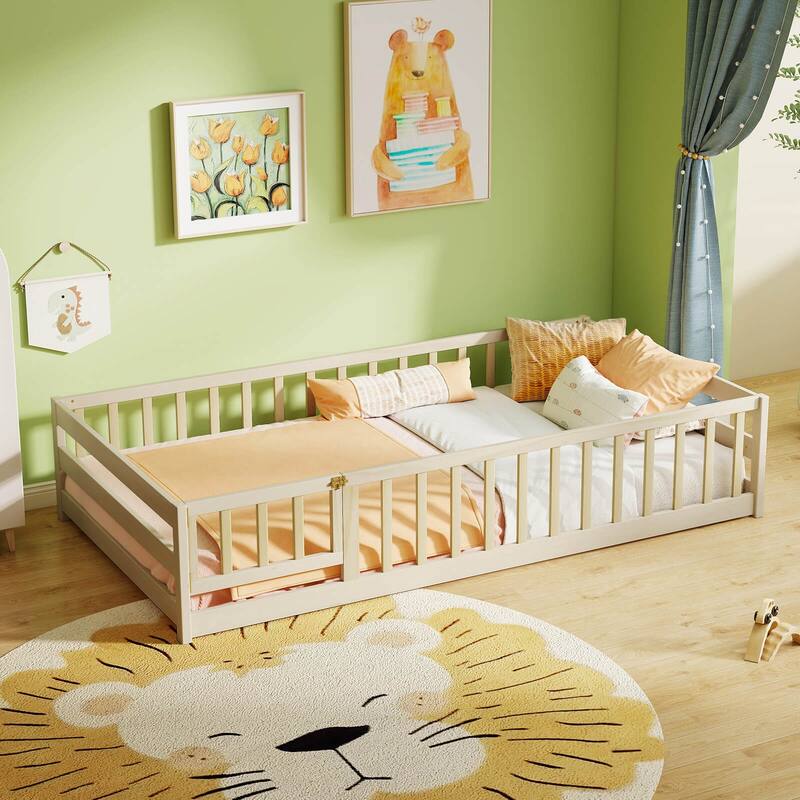 Costway Twin Size Floor Bed with Door & Fence with Safety Guardrails &