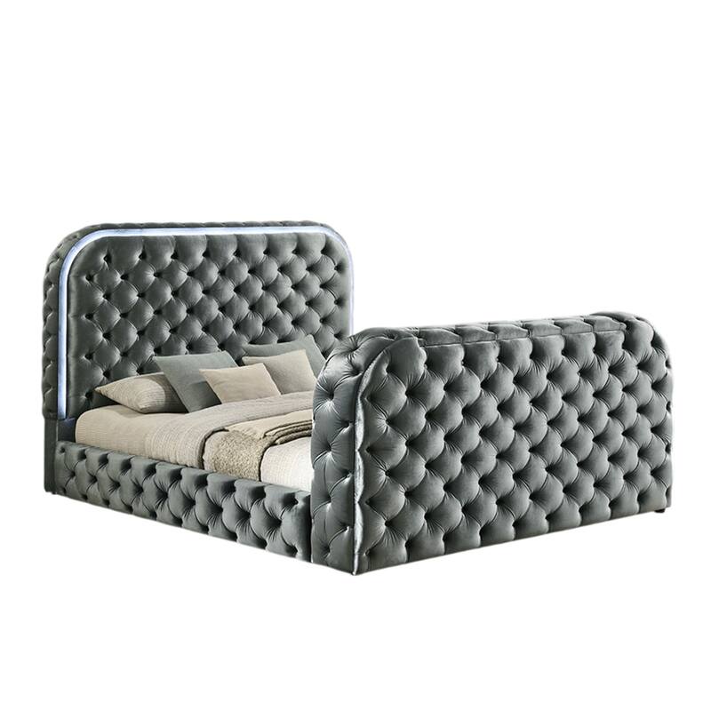 Kerie King Bed with LED Fireplace, Hidden Lift TV Stand, Gray Velvet