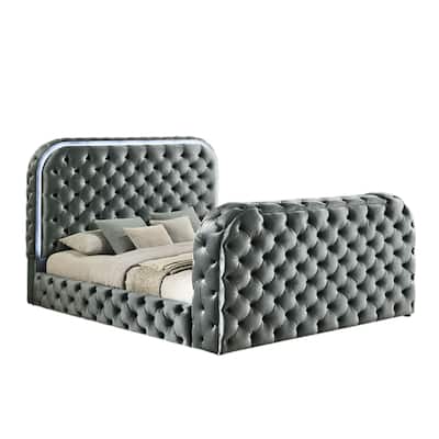 Kerie King Bed with LED Fireplace, Hidden Lift TV Stand, Gray Velvet