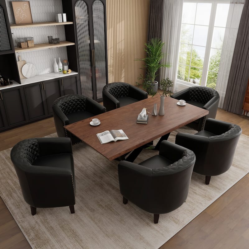 Modern Leather Nailheads Trim Barrel Accent Chairs with Wood Legs - 6 Set - Black