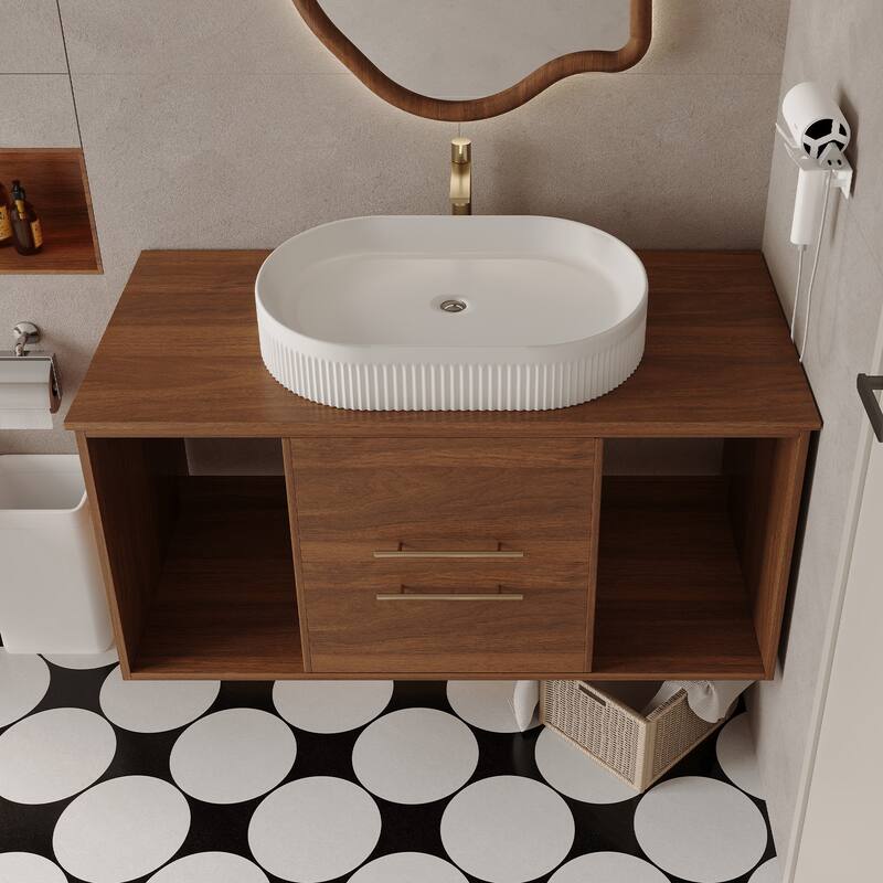 Modern 39.4 Wall-Mounted Bathroom Vanity with Oval Ceramic Sink Floating Vanity Multi-Layer Solid Wood Cabinet