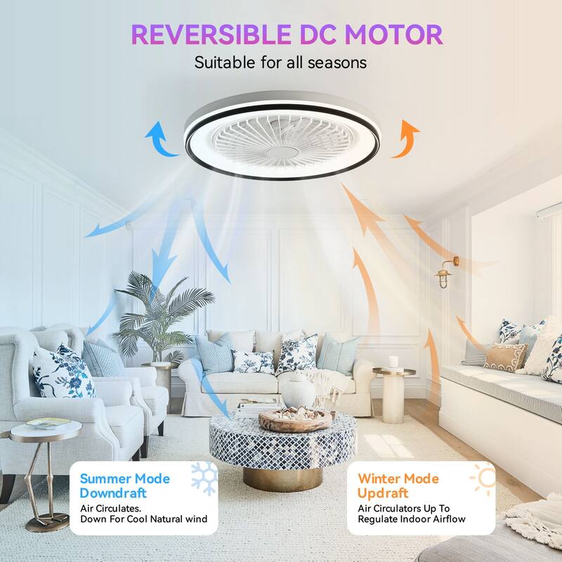 15"/19''/20"/42" RGB Color Dimmable LED Ceiling Fan with APP & Remote Control 6 Wind Speed, with Bluetooth Speaker Optional