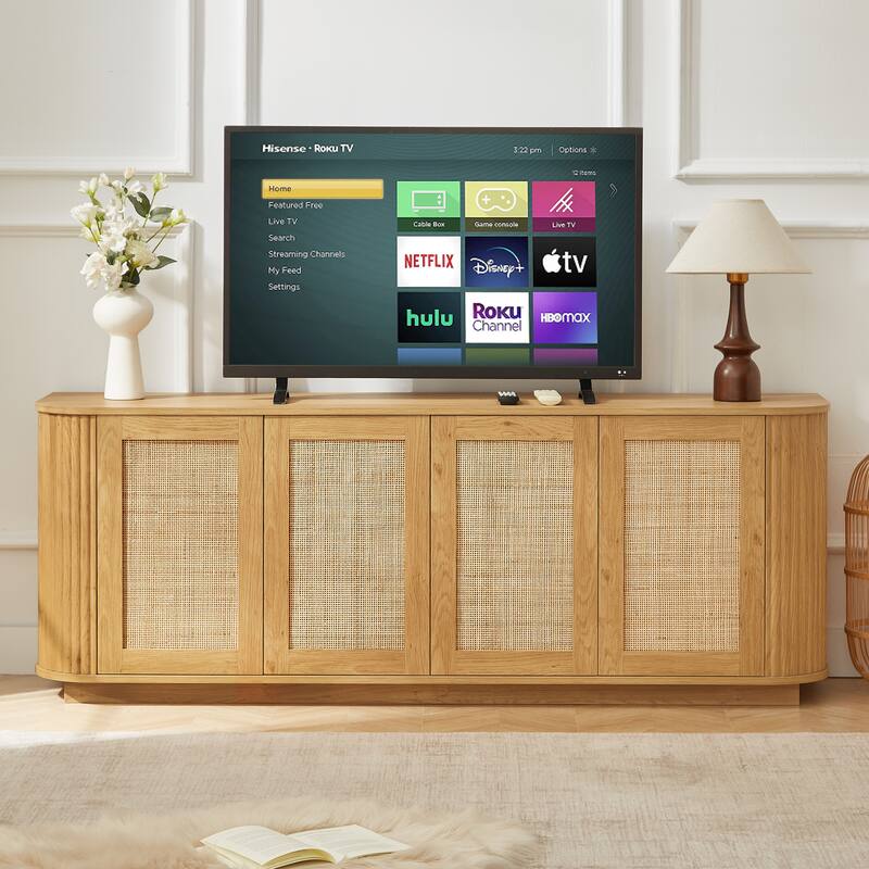 64" Wave-Shaped Entertainment Center‌ – Curved Corner Sideboard with Rattan Doors & Vertical Wood Stripes