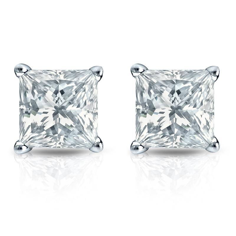 Auriya Plat Gold Lab Grown 2.00 carat TDW Princess Diamond Stud Earrings 4-Prong Basket Push-back