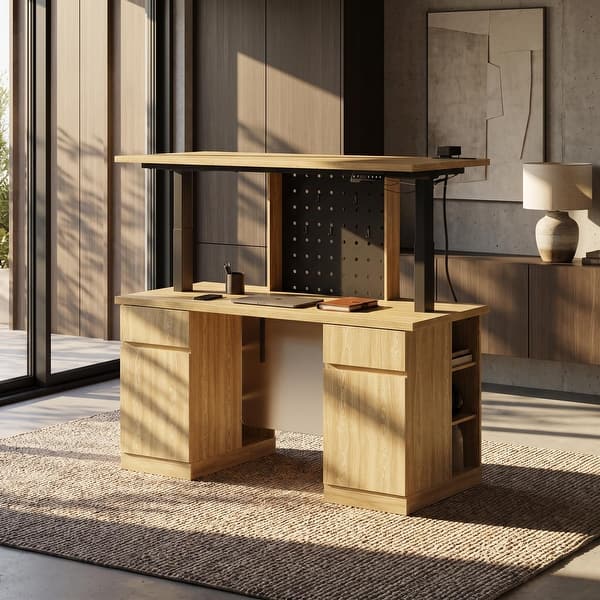 slide 2 of 18, 54.3" Electric Standing Desk Height Adjustable Sit Stand Computer Desk with 3 Preset Heights, Pegboard, Light and Power Outlet, Oak