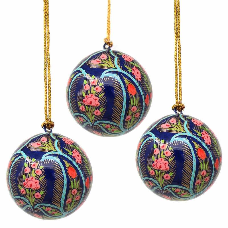 Recycled Paper Handpainted Floral Ornaments, Set of 3 (India)