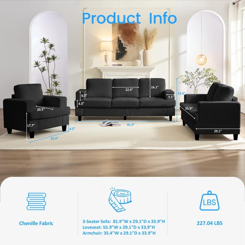 Mixoy Chenille 3 Piece Living Room Sofa Set,3-Seat Sofa/Loveseat/Armchair Sofa Sets,Modular Sectional Couch Furniture Sets