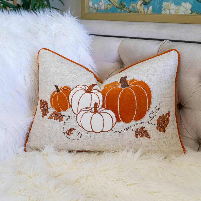 Embroidered Pumpkin Lumbar Throw Pillow - Misty Blue Fall Accent Cushion Set of 2