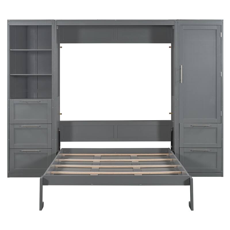 Space-Saving Queen Murphy Bed with Closet, Drawers & Shelves in Gray/White