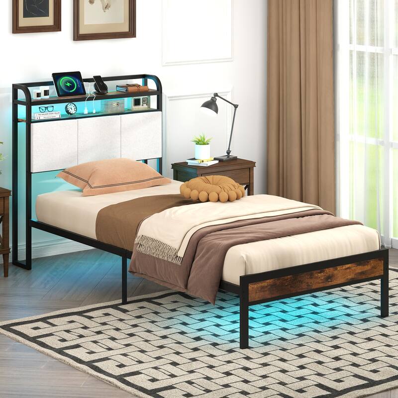 Gymax Twin Size Bed Frame w/LED Light & Charging Station Heavy Duty - Grey - Twin