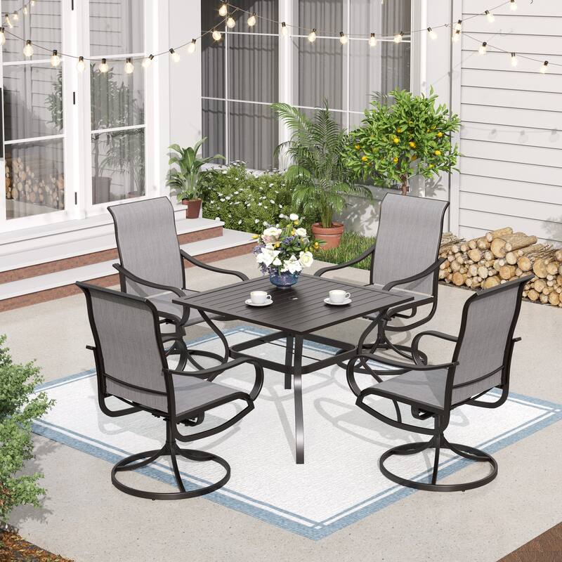 MAISON ARTS 5 Piece Patio Dining Set,4 Sling Dining Swivel Chairs and 37" Square Metal Table with 1.57" Umbrella Hole - Grey