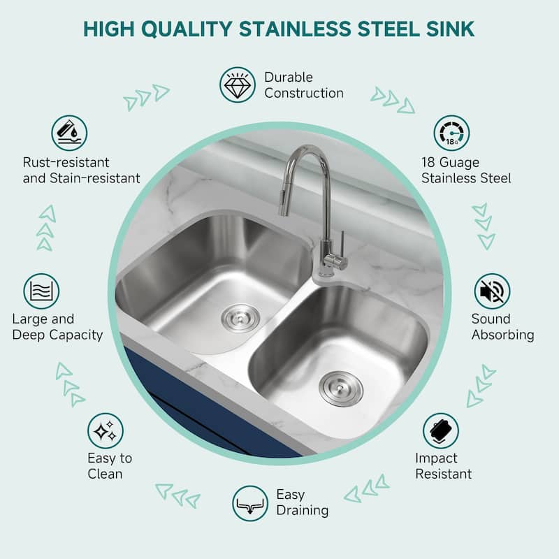 CB HOME 31" Classic Undermount Double Bowl Kitchen Sink, Undercounter 60/40 Big Bowl & Small Bowl Stainless Steel Sink Kitchen