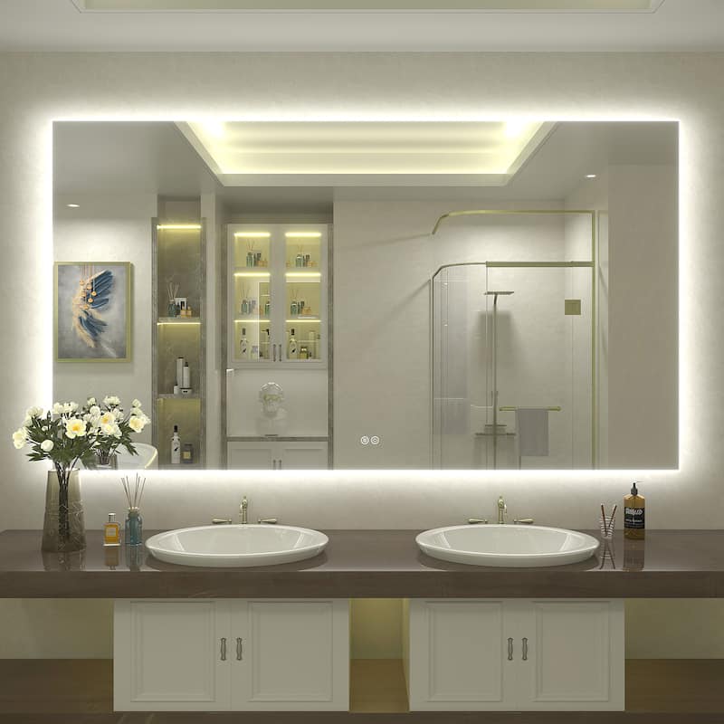 Frameless Anti-Fog 3 Colors Dimmable LED Backlit Wall Bathroom Vanity Mirror - 68" x 38"-Rectangular