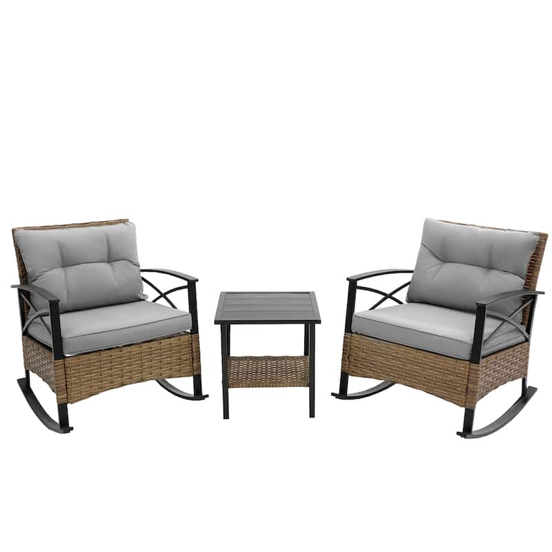 3 PCS Outdoor Rocking Rattan Set with Steel Frame