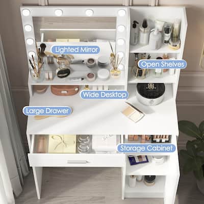 Vanity Desk with Mirror & Light, Makeup Vanity with 1 Drawer & 3 Level Storage Cabinets, Multi-functional Dressing Table