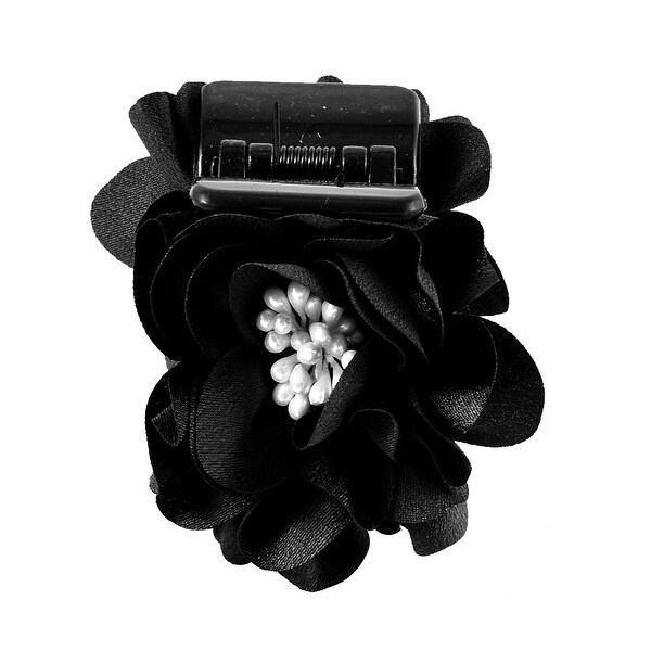 Women Organza Flower Design 5 Teeth Spiral Hair Claw Clip Clamp Grips Black