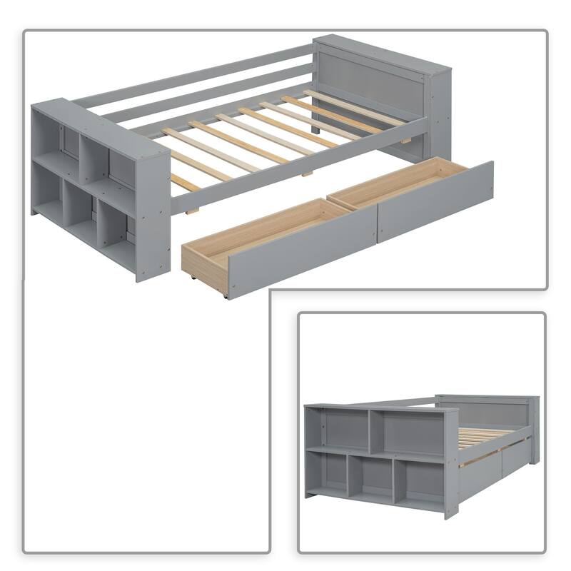 Minimalist Twin Size Wooden Storage Daybed with Bookcases on Both Sides and Two Under-Bed Drawers