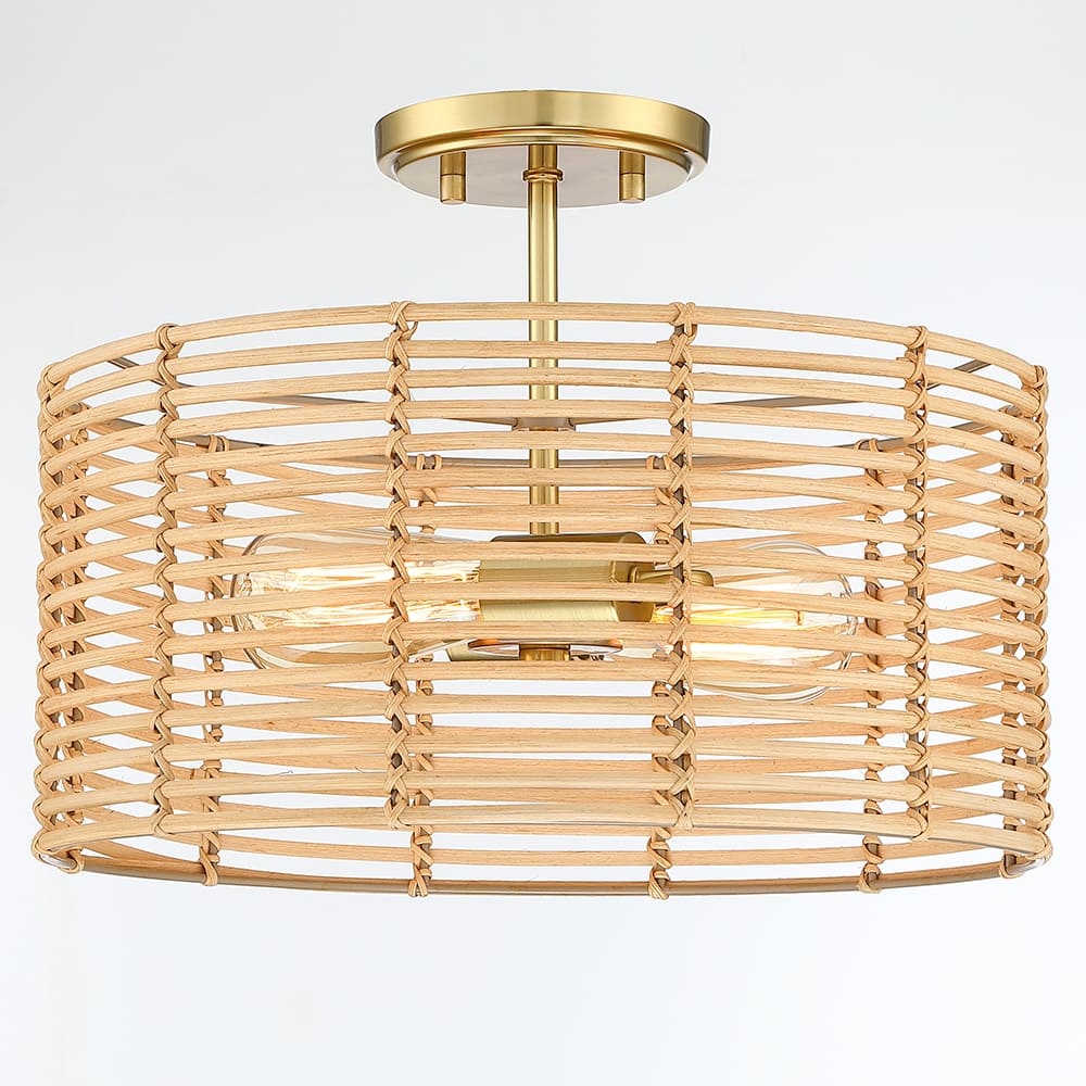 2-Light Bohemian Rattan Semi-Flush Mount Ceiling Light