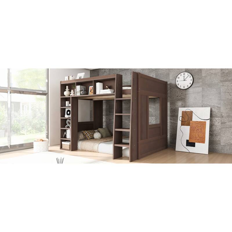 Roomfitters Queen Size Loft Bed with Storage Cabinets and Bookshelves