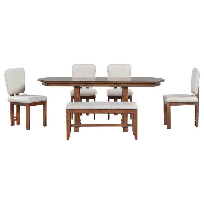 6-Piece Extendable Dining Set with Curved Top Table, Wood Kitchen Table Set with Upholstered Chairs & Bench